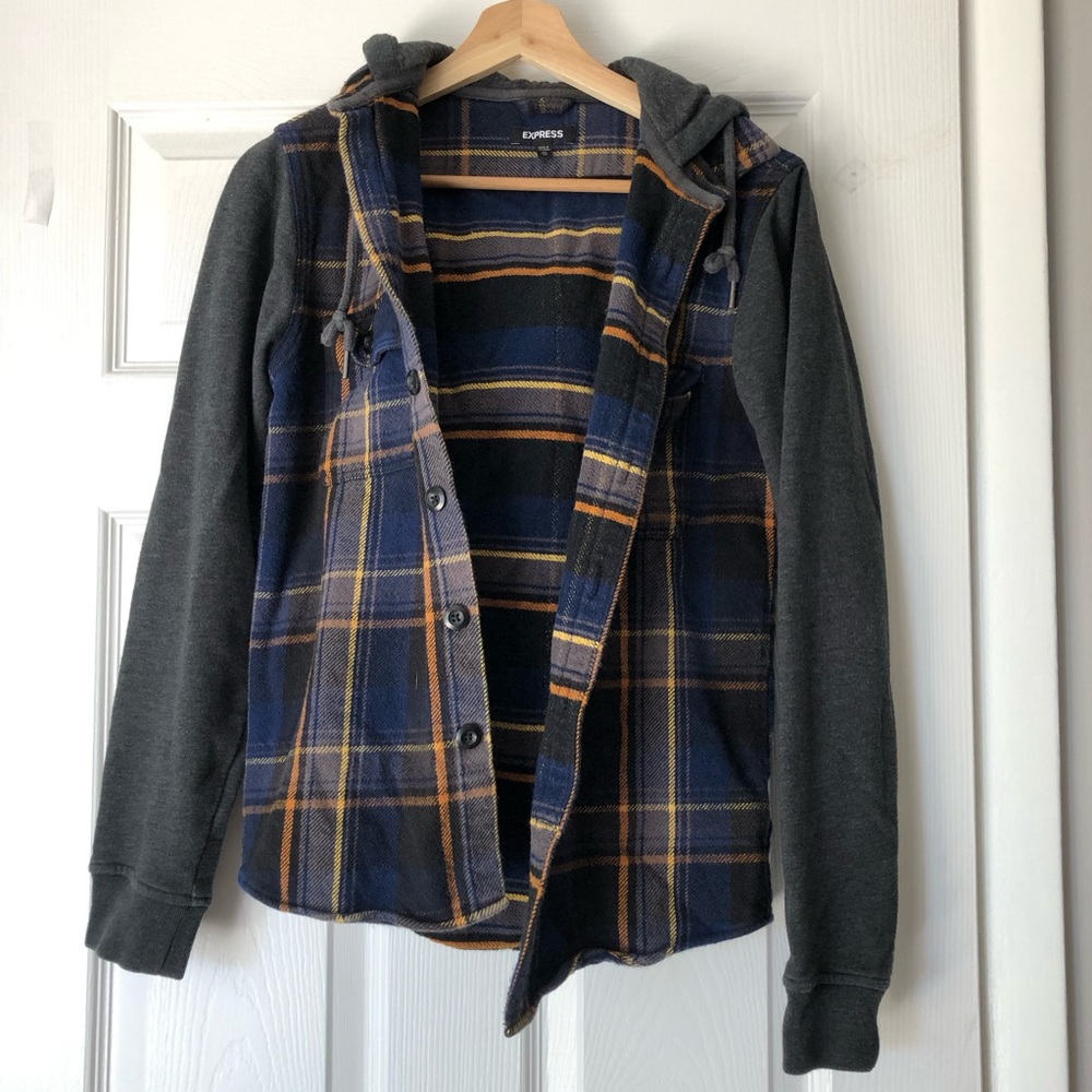 Express Women’s Flannel Jacket blue white and grey